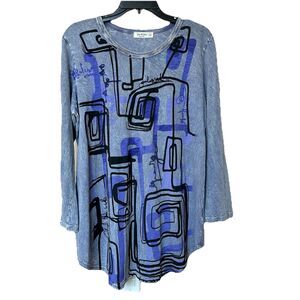 Jess & Jane Top Women’s M Long Sleeve Pullover Geometric Long Line Tee Made USA